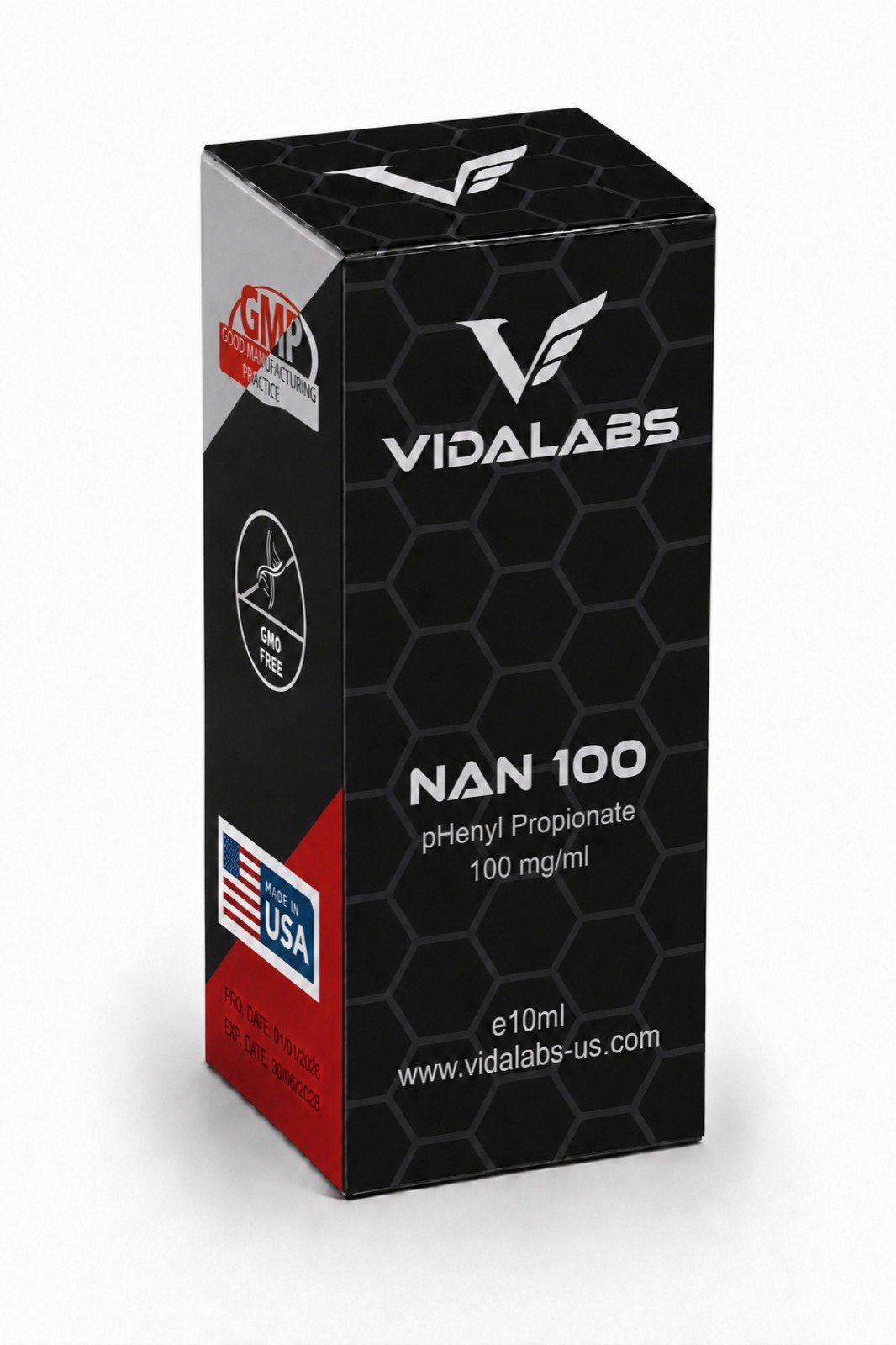 NAN 100 carton — black hexagon-pattern box with silver lettering