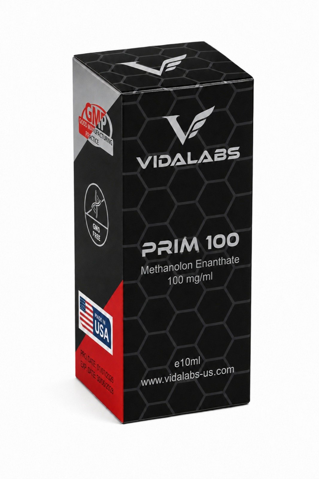 PRIM 100 carton — black hexagon-pattern box with silver lettering