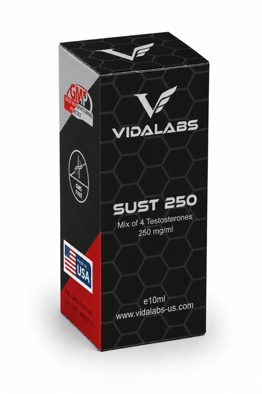 SUST 250 carton — black hexagon-pattern box with silver lettering