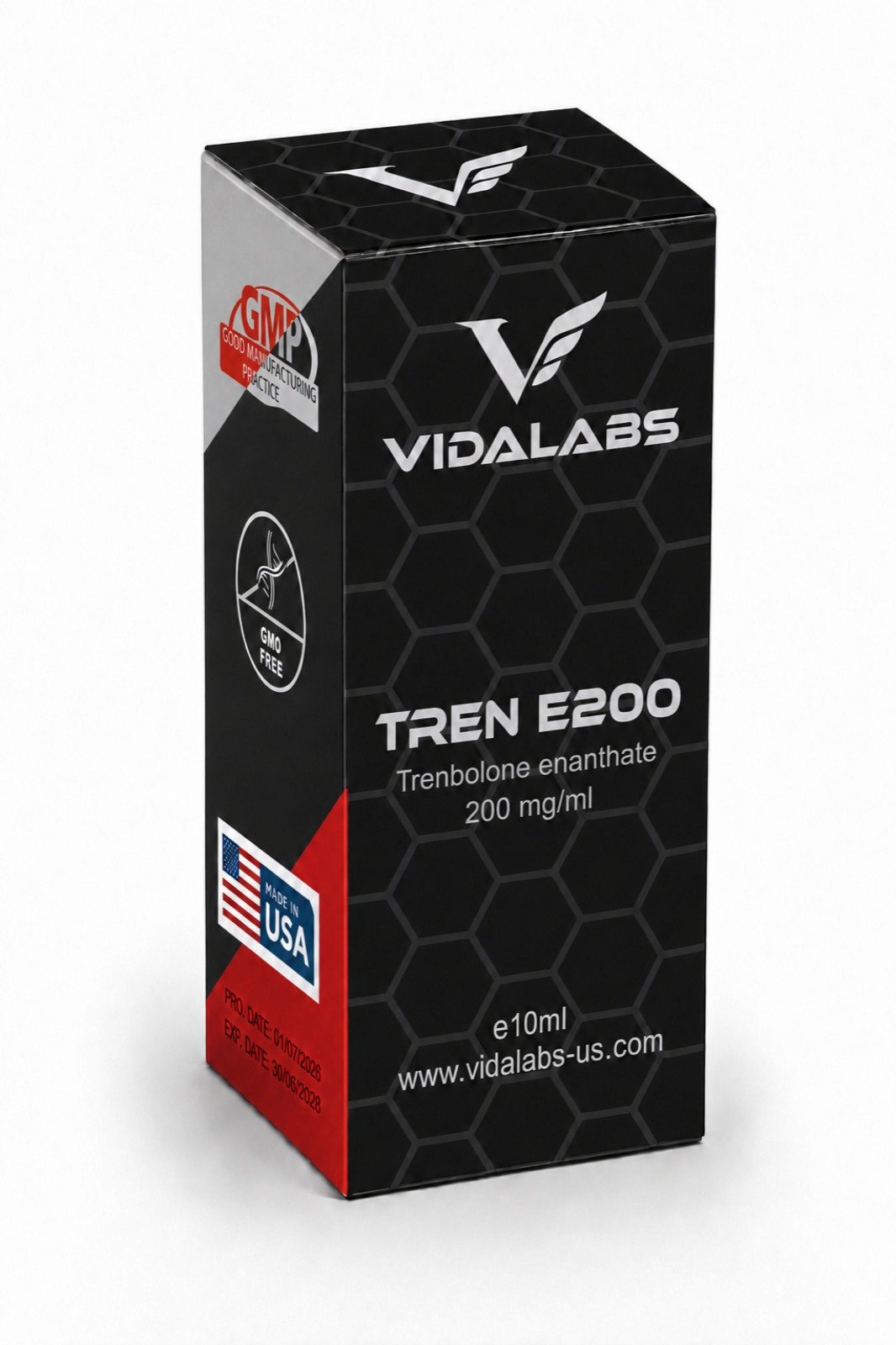 TREN E200 carton — black hexagon-pattern box with silver lettering